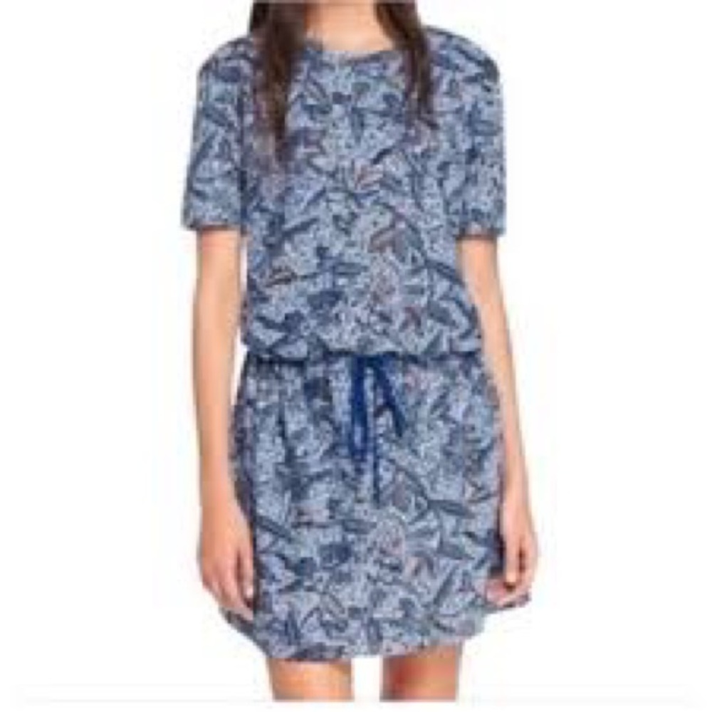 Tory Burch Floral Drawstring Cotton Dress Blue Haven Size XS